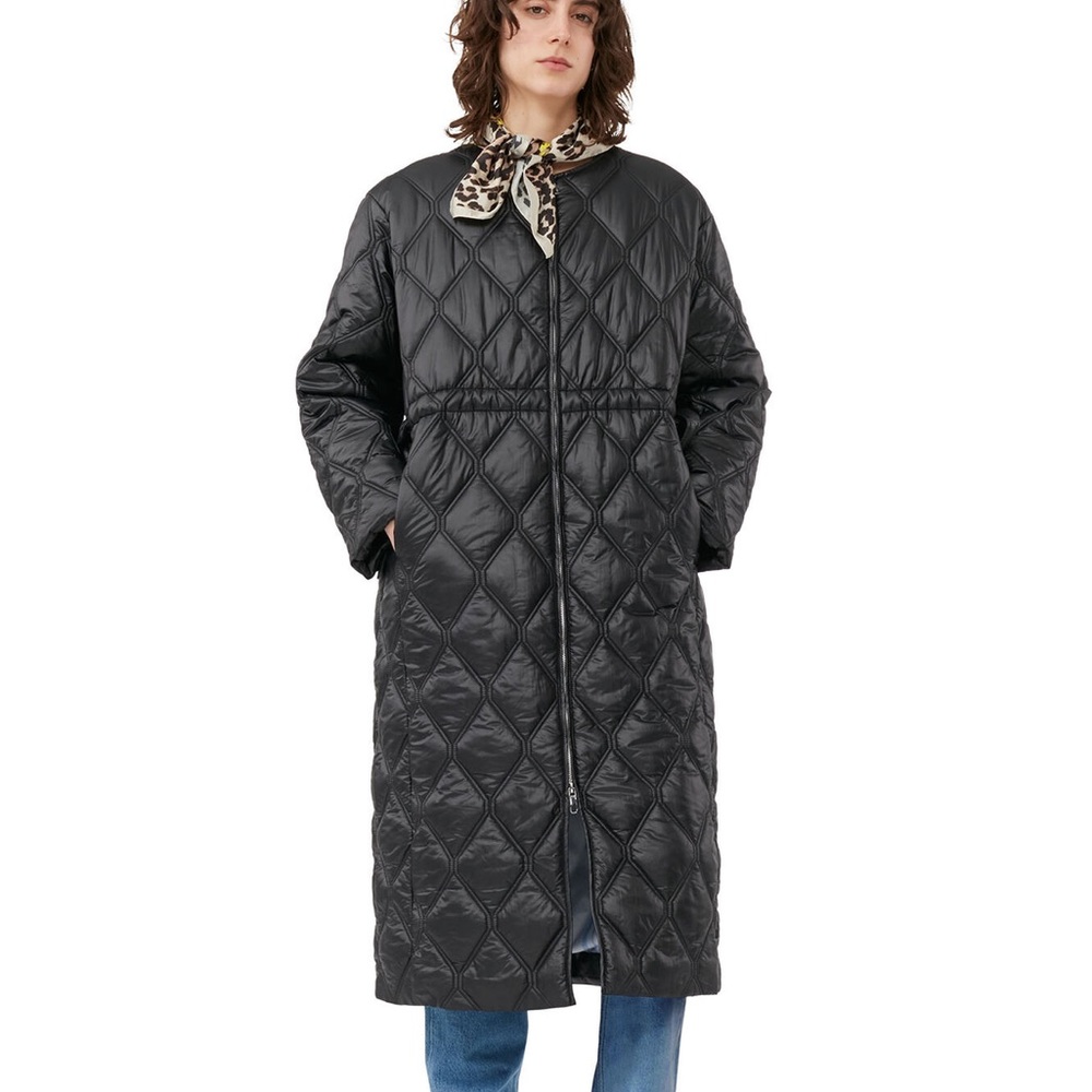 Ganni Black Shiny Quilt Long Coat-